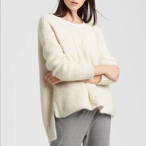 Eileen Fisher Baby Alpaca Cable Knit Boxy Hi-Low Sweater in Cream